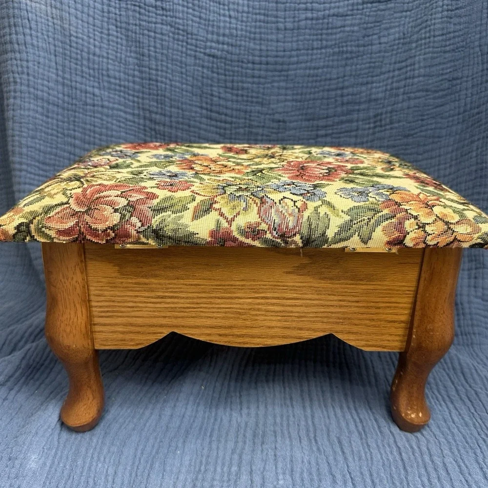 Vintage Wooden Tapestry Footstool Floral Upholstered Cushion Storage Bin Cottage